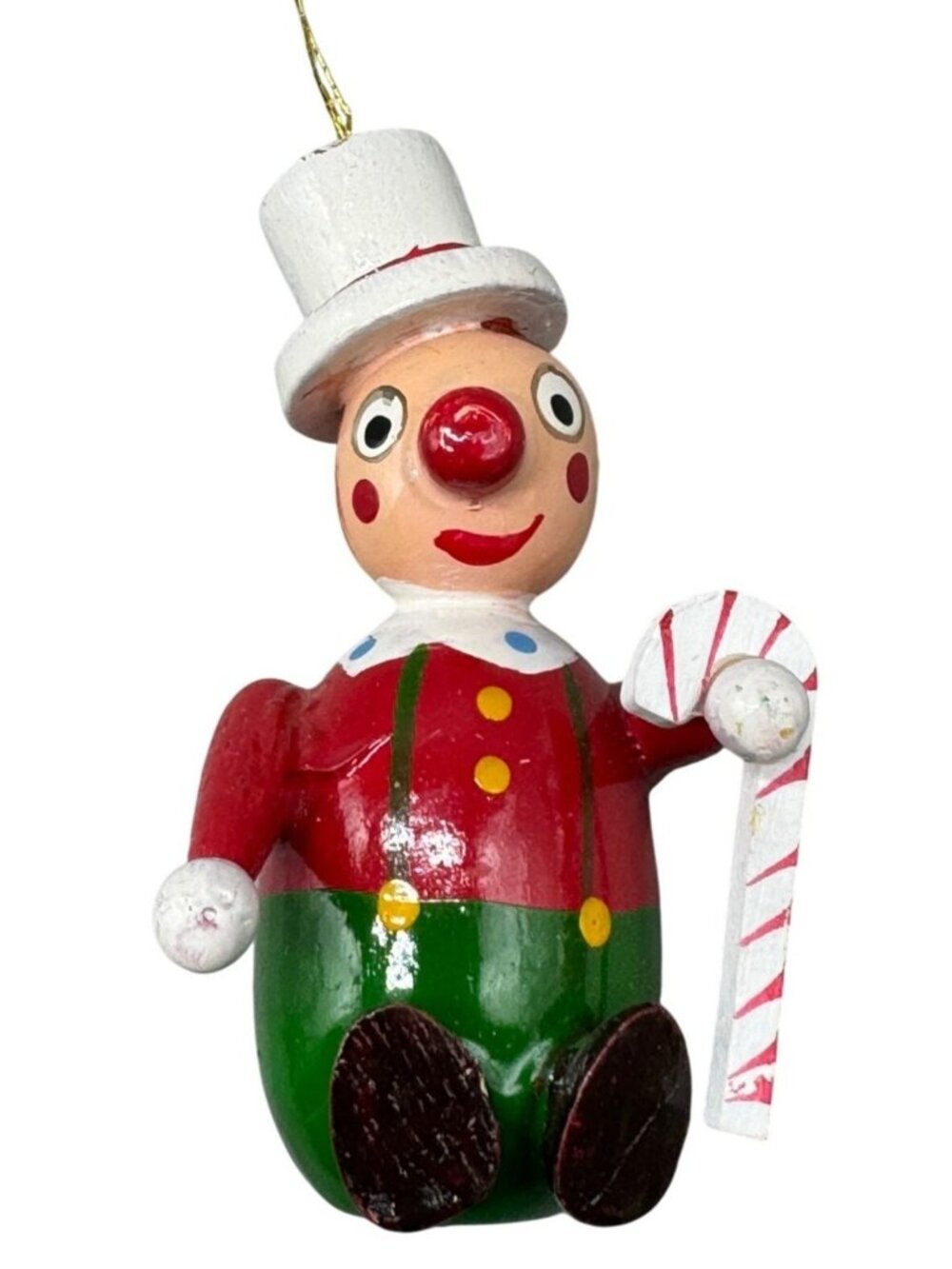 Wooden Clown Ornaments 1970s Vintage candy cane top hat red green 3" READ